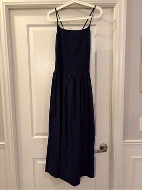 Navy Smocked Bodice Spaghetti Strap Midi Sundress